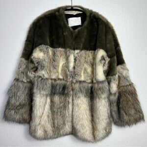 Zara Olive Green and Natural Toned Faux Fur Coat